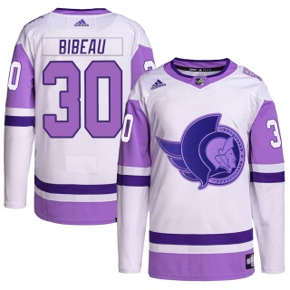 Men's Antoine Bibeau Ottawa Senators Adidas Hockey Fights Cancer Primegreen Jersey - Authentic White/Purple