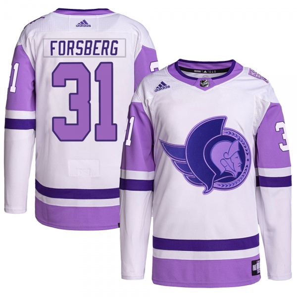Men's Anton Forsberg Ottawa Senators Adidas Hockey Fights Cancer Primegreen Jersey - Authentic White/Purple