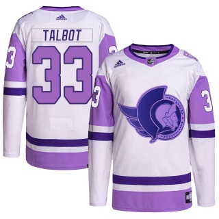 Men's Cam Talbot Ottawa Senators Adidas Hockey Fights Cancer Primegreen Jersey - Authentic White/Purple