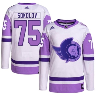 Men's Egor Sokolov Ottawa Senators Adidas Hockey Fights Cancer Primegreen Jersey - Authentic White/Purple