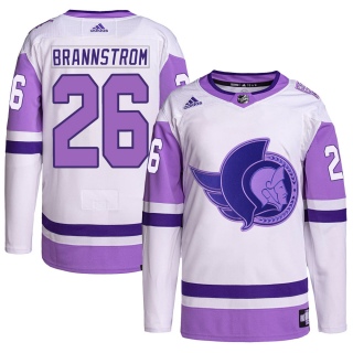 Men's Erik Brannstrom Ottawa Senators Adidas Hockey Fights Cancer Primegreen Jersey - Authentic White/Purple