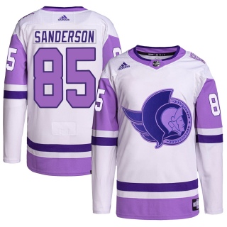 Men's Jake Sanderson Ottawa Senators Adidas Hockey Fights Cancer Primegreen Jersey - Authentic White/Purple