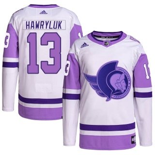 Men's Jayce Hawryluk Ottawa Senators Adidas Hockey Fights Cancer Primegreen Jersey - Authentic White/Purple