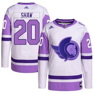 Men's Logan Shaw Ottawa Senators Adidas Hockey Fights Cancer Primegreen Jersey - Authentic White/Purple