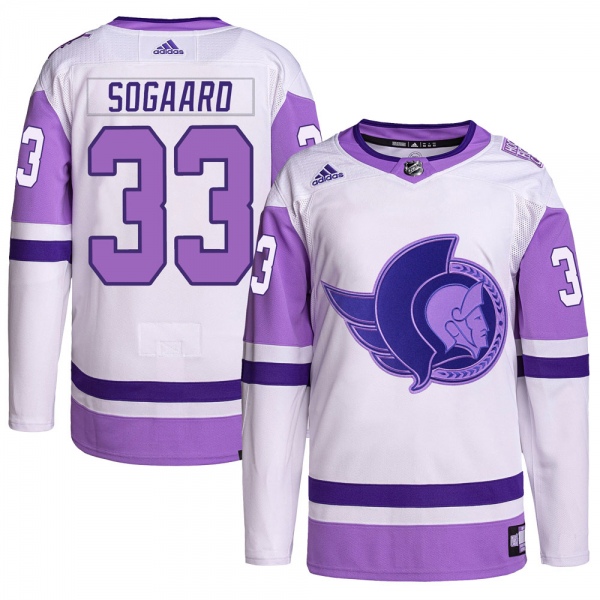 Men's Mads Sogaard Ottawa Senators Adidas Hockey Fights Cancer Primegreen Jersey - Authentic White/Purple