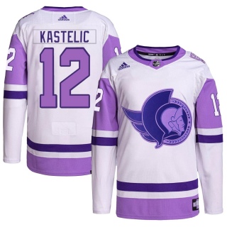 Men's Mark Kastelic Ottawa Senators Adidas Hockey Fights Cancer Primegreen Jersey - Authentic White/Purple