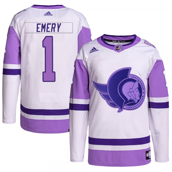 Men's Ray Emery Ottawa Senators Adidas Hockey Fights Cancer Primegreen Jersey - Authentic White/Purple