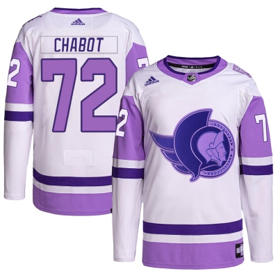 Men's Thomas Chabot Ottawa Senators Adidas Hockey Fights Cancer Primegreen Jersey - Authentic White/Purple