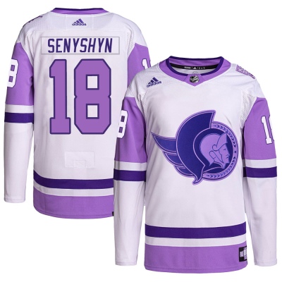 Men's Zach Senyshyn Ottawa Senators Adidas Hockey Fights Cancer Primegreen Jersey - Authentic White/Purple