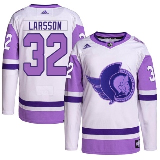 Youth Jacob Larsson Ottawa Senators Adidas Hockey Fights Cancer Primegreen Jersey - Authentic White/Purple